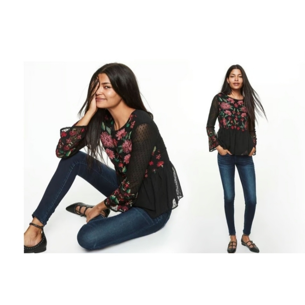American Eagle Outfitters Black Swiss Dot Floral Embroidered Peplum Top - Picture 2 of 15